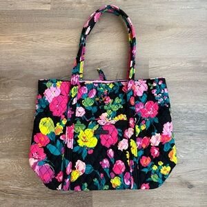 Vera Bradley Quilted Tote with Pockets Black with Bright Floral Print